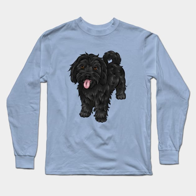 Cute Black Cavapoo Dog Long Sleeve T-Shirt by Shirin Illustration